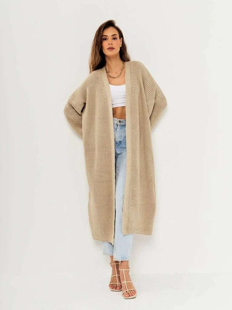 Women’s Long Knit Cardigan – Oversized Fit – Wool Feel – Open Front – Full Length