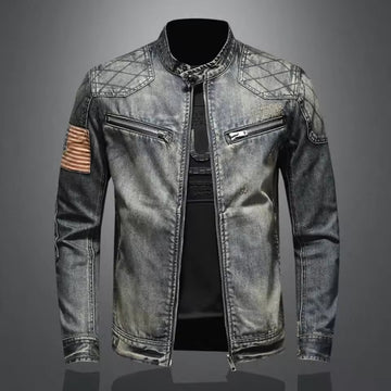 Men’s Denim Jacket – Slim Fit – Zip Stand Collar – Quilted Shoulders – Biker Style