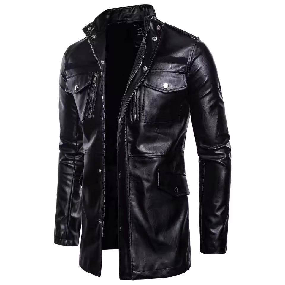 Men’s Leather Jacket – Tailored Fit – High Collar – Zip Front – Four Pocket Design