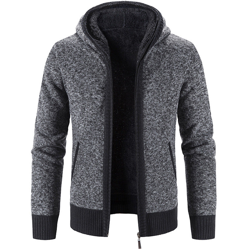 Men’s Hooded Knit Jacket - Thermal Lined - Full Zip - Ribbed Cuffs & Hem