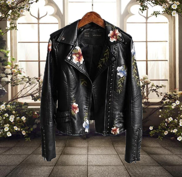 Women’s Biker Jacket – Tailored Fit – Floral Embroidery – Studded – Asymmetrical Zip