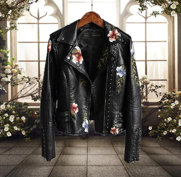 Women’s Biker Jacket – Tailored Fit – Floral Embroidery – Studded – Asymmetrical Zip