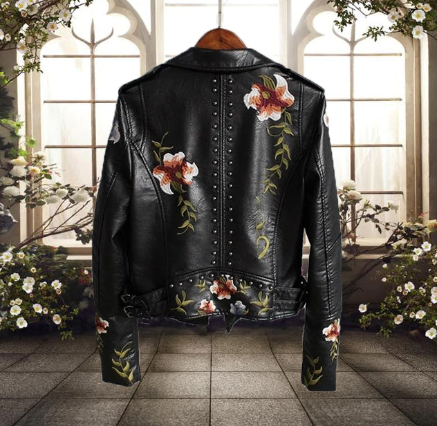 Women’s Biker Jacket – Tailored Fit – Floral Embroidery – Studded – Asymmetrical Zip