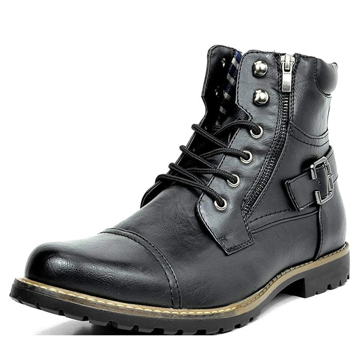 Men's retro mid-cut motorcycle boots with metal double zippers