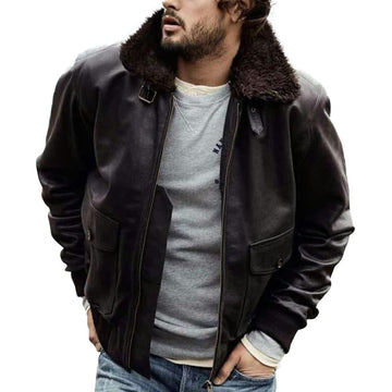 Men's leather bomber jacket with fur collar