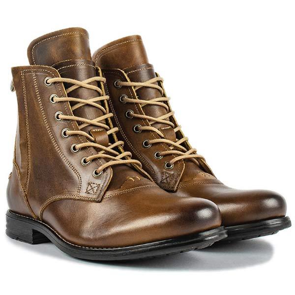 Military-inspired lace-up biker boots with side zipper for men