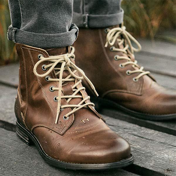 Military-inspired lace-up biker boots with side zipper for men