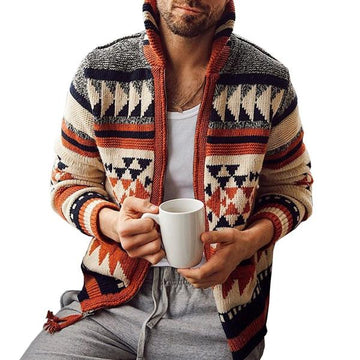 Men's hooded aztec print cardigan with patch pockets