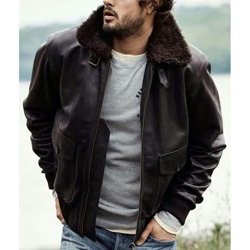 Men's leather bomber jacket with fur collar