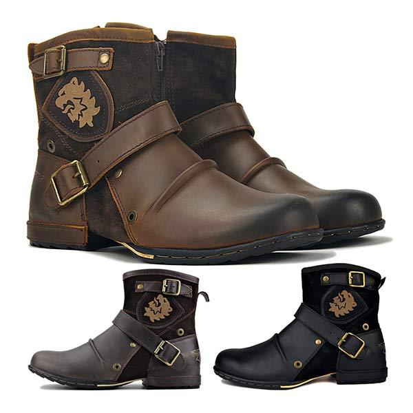 Men's retro leather biker boots with metal buckle & side zipper