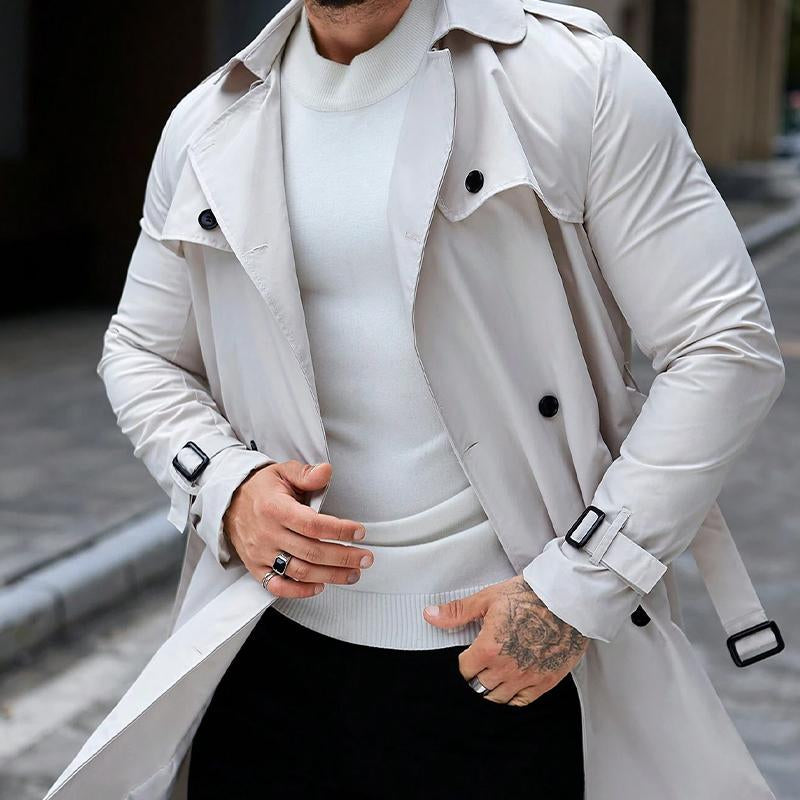 Classic single-breasted beige trench coat with belt