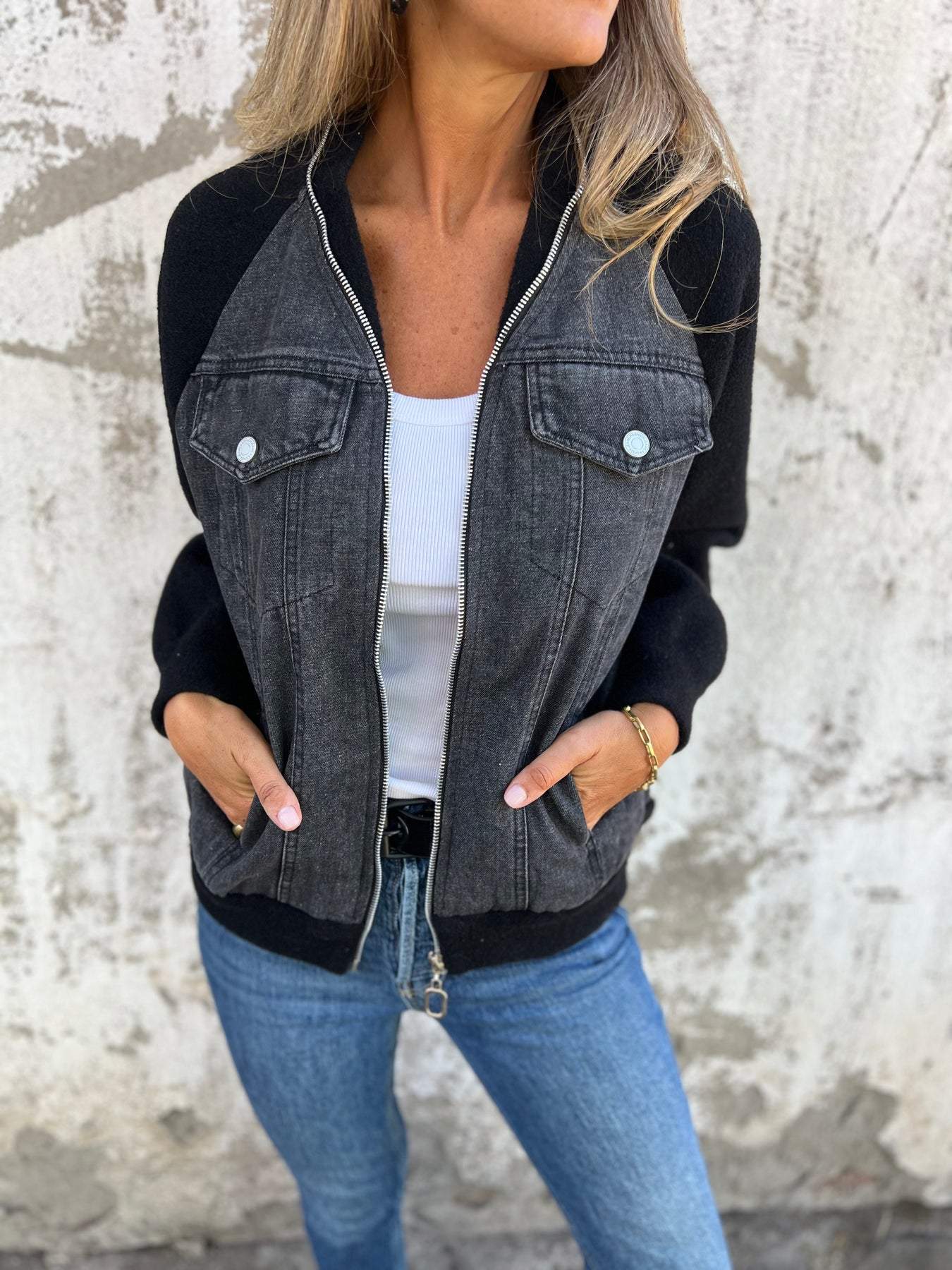 Women's casual washed black zip-up jacket for an effortlessly cool vibe