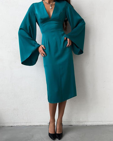 Women's Midi Dress - Fitted Waist - V-Neck - Bell Sleeves - Elegant Satin Look