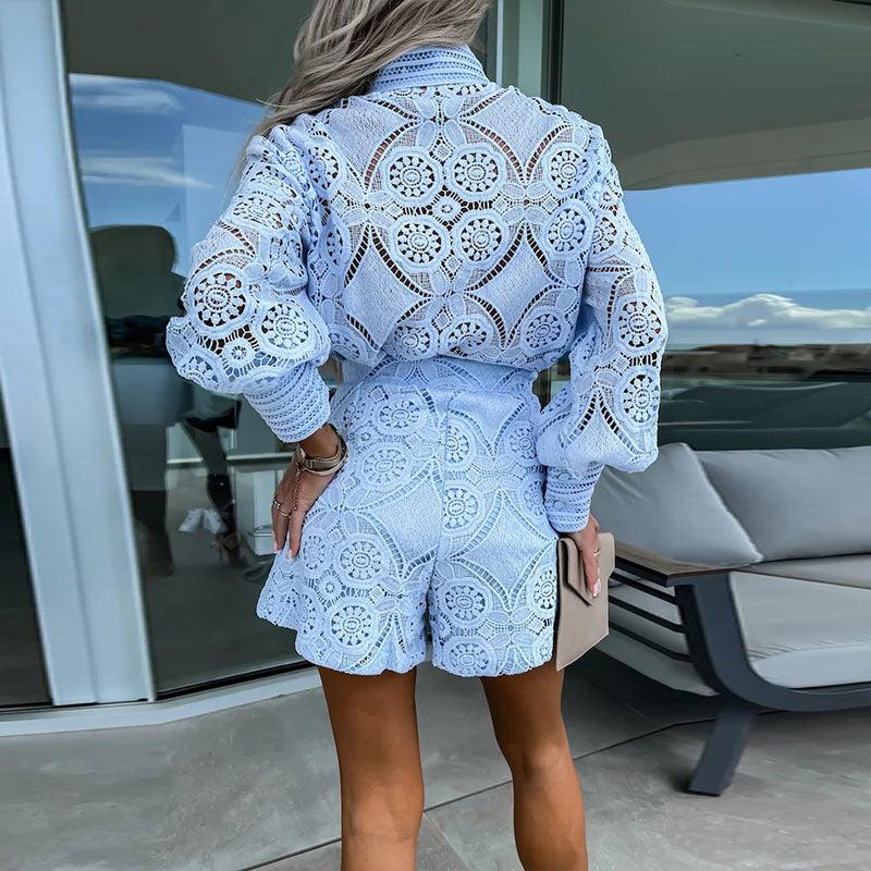 Women's Lace Two-Piece Set - High Collar Blouse & High-Waisted Shorts - Elegant Design