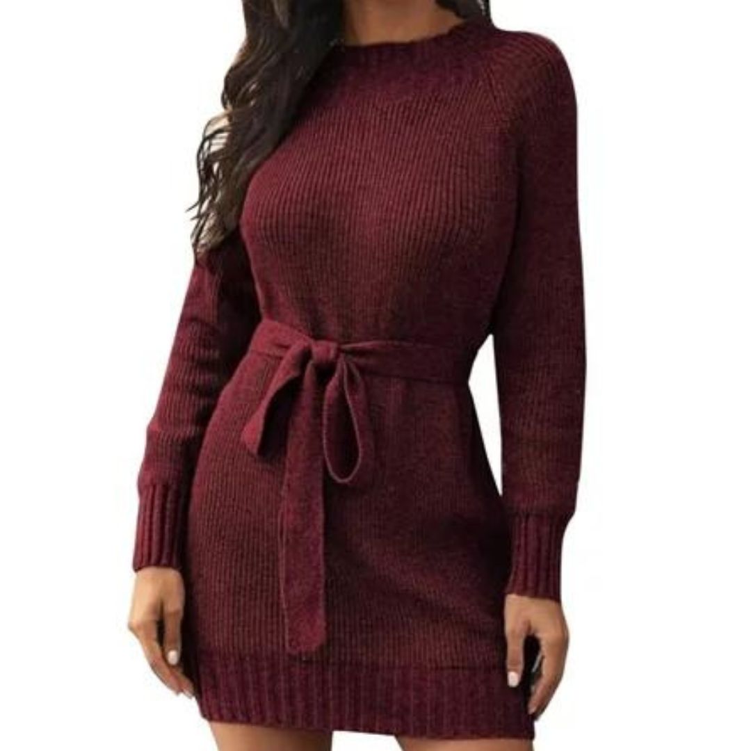 Women's Sweater Dress - Knitted Fitted Style - Long Sleeve with Waist Belt