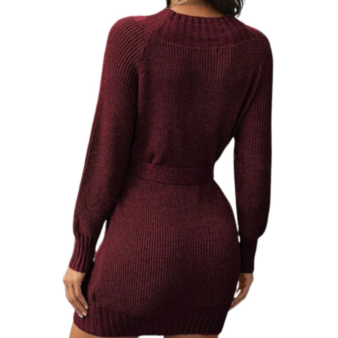 Women's Sweater Dress - Knitted Fitted Style - Long Sleeve with Waist Belt