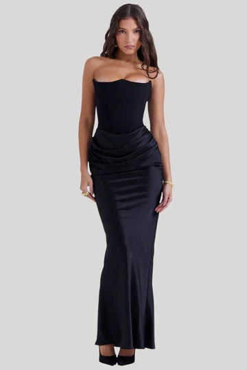 Women’s Maxi Dress – Strapless Fit – Satin-Like Fabric – Draped Formal Silhouette