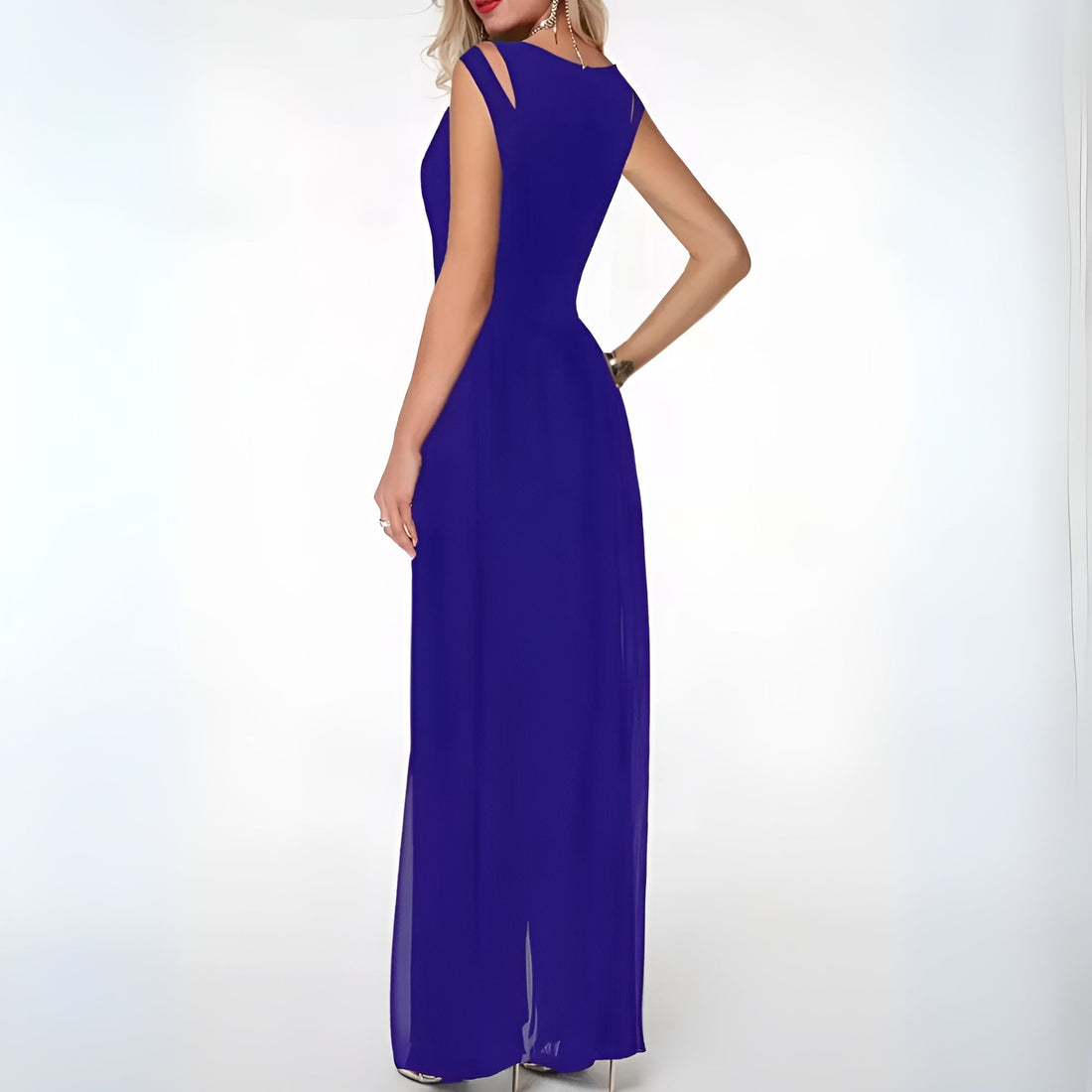 Women’s Evening Gown - Floor-Length Elegant Design - Sleeveless Chiffon Overlay