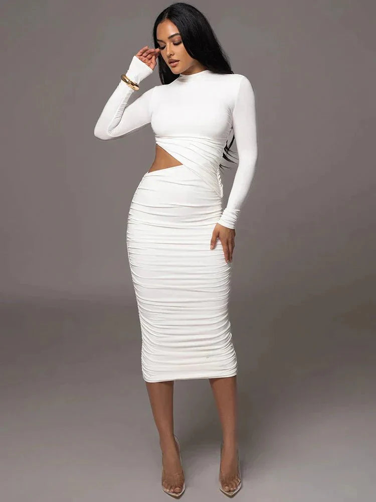 Women's Bodycon Dress - Long Sleeve - High Neck - Ruched with Cut-Out Detail