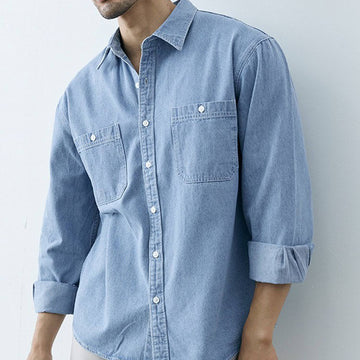 Men's Button Down Denim Shirt - Casual Long Sleeve