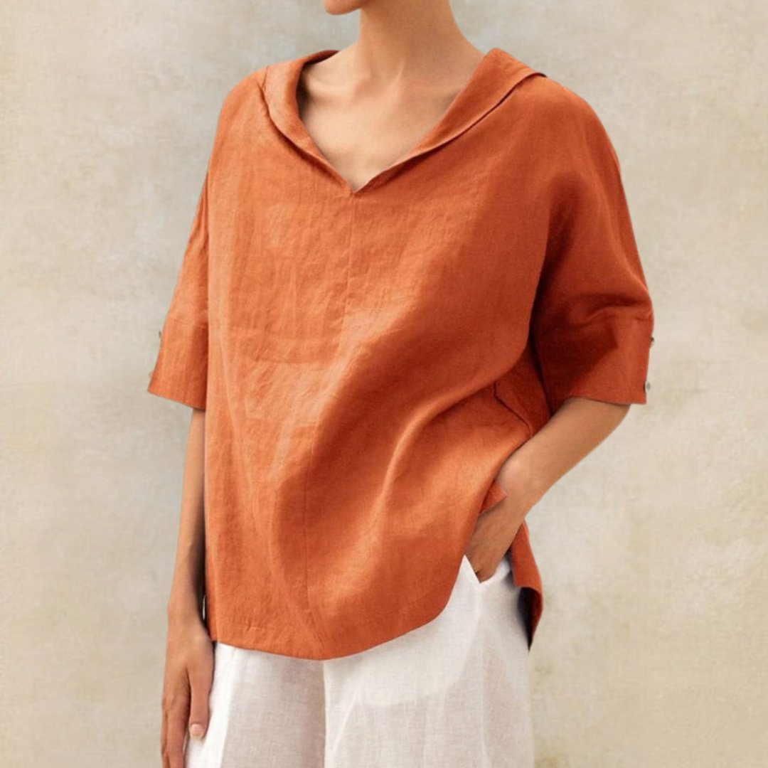 Relaxed V-Neck Shirt with Curved Hem and Button-Tab Sleeves