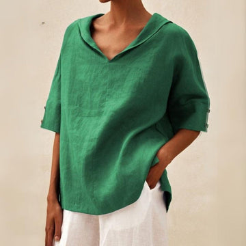 Relaxed V-Neck Shirt with Curved Hem and Button-Tab Sleeves