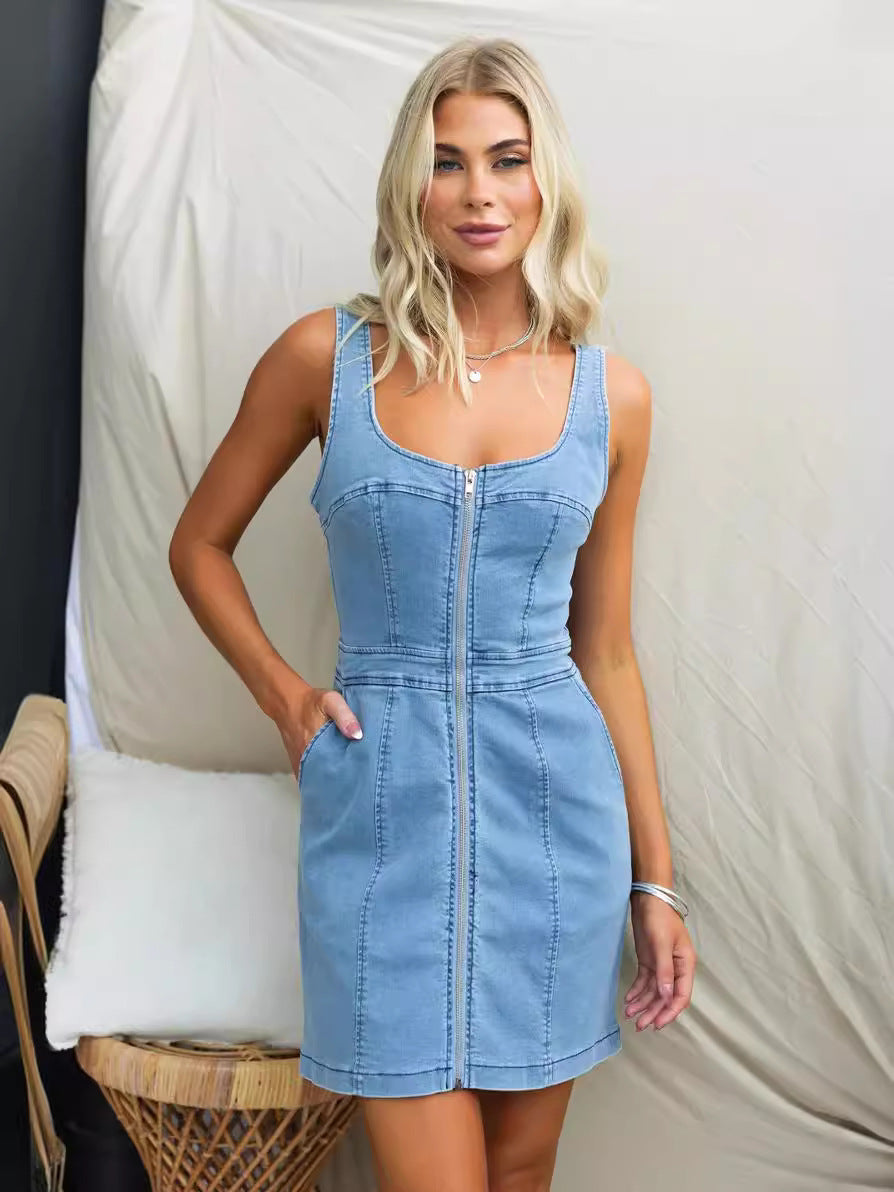 Trendy Sleeveless Zip-Front Denim Mini Dress for Women – Casual & Chic