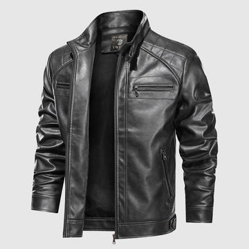 Men's black leather jacket with quilted panels