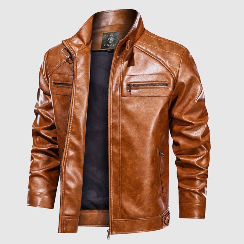 Men's black leather jacket with quilted panels