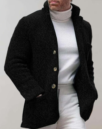 Men’s Cardigan – Relaxed Fit – Chunky Knit Wool Blend – Standing Collar – Button Front