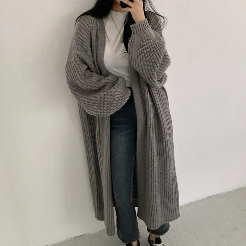 Elegant winter long sweater coat v-neck striped cardigan for women