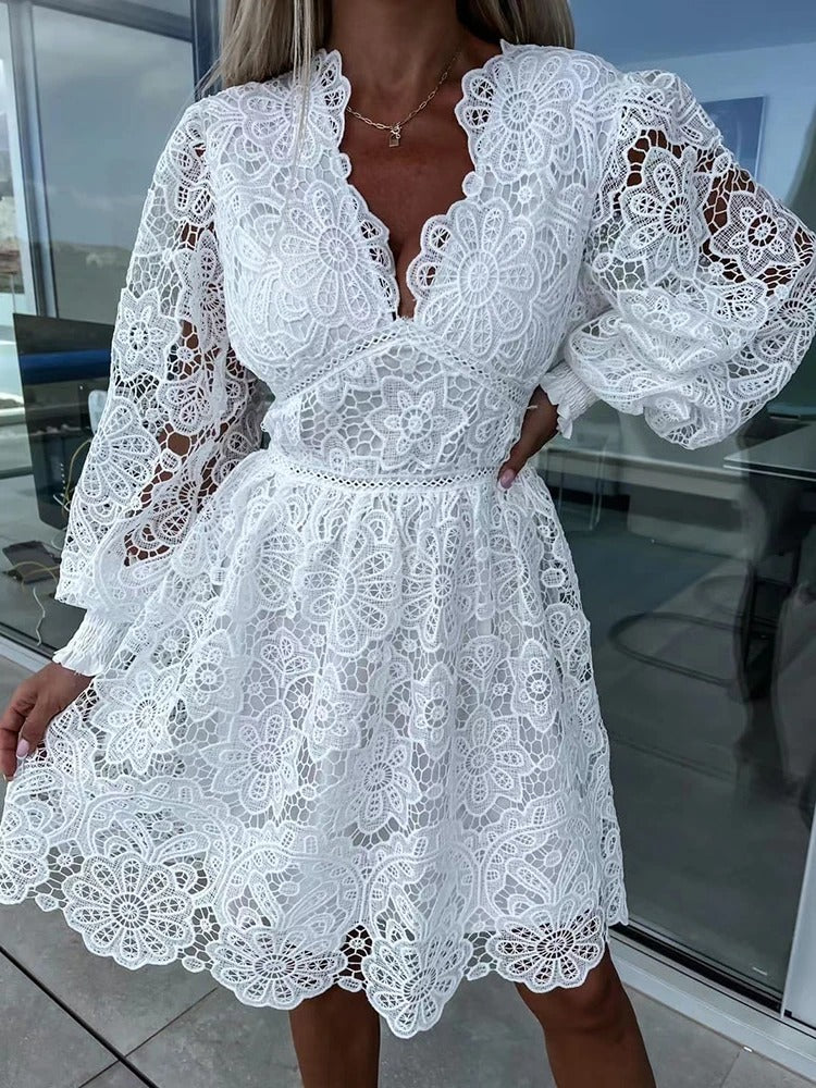 Women's Lace Dress - Elegant V-Neck - Long Sleeve A-Line - Floral Detailing Formal Wear