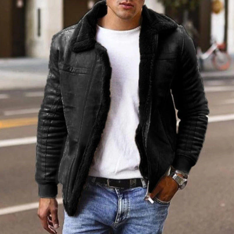 Men's Shearling-Lined Winter Jacket - Warm Faux Leather Coat with Stylish Design