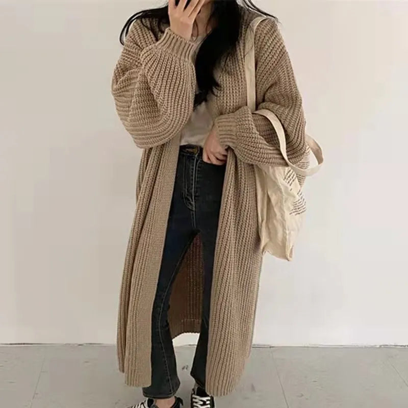 Elegant winter long sweater coat v-neck striped cardigan for women