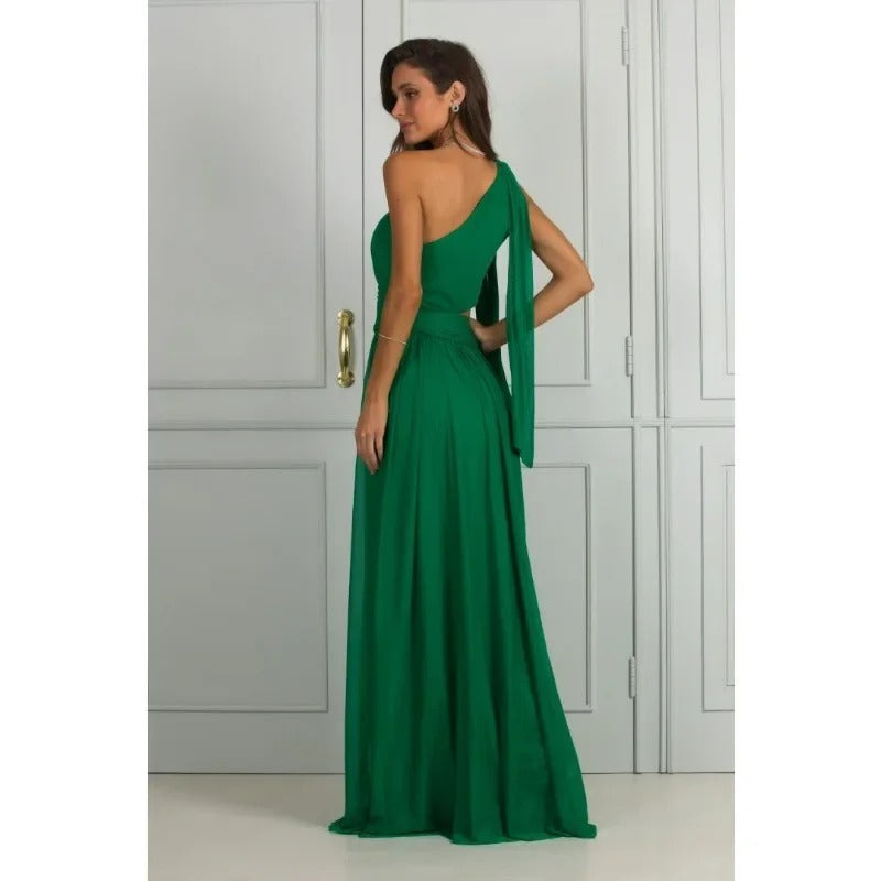 Women's Gown - One Shoulder Long Sleeve - Pleated Waist Cut-Out - Elegant Maxi