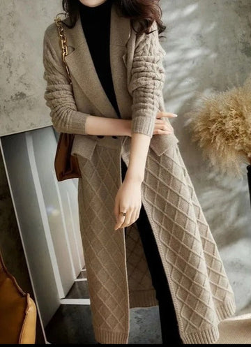 Women's wool cardigan coat with cable-knit sleeves