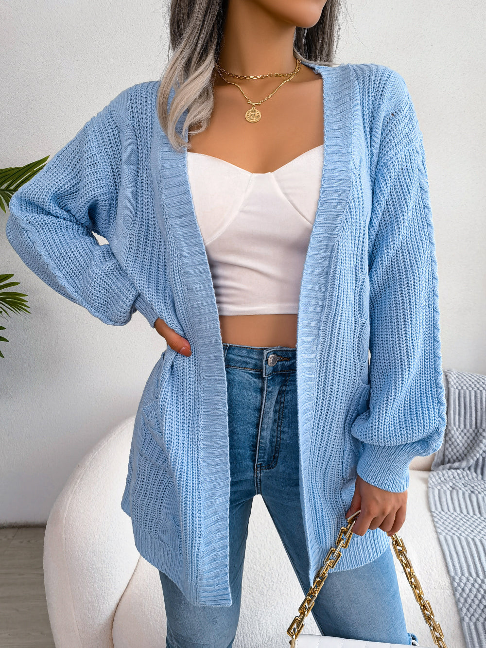 Casual twisted lantern sleeve cardigan for autumn and winter