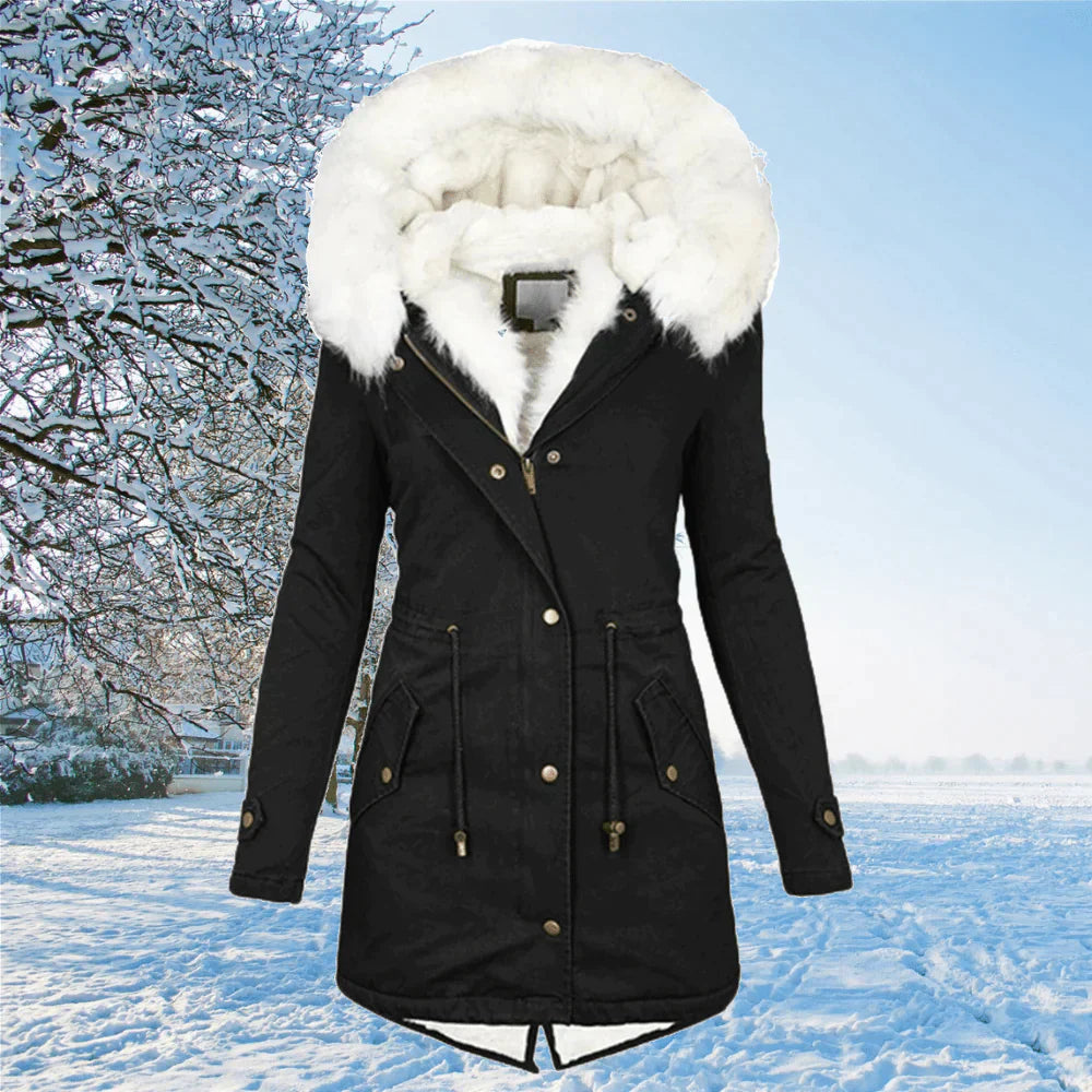 Women's winter mid-length hooded coat with fur collar