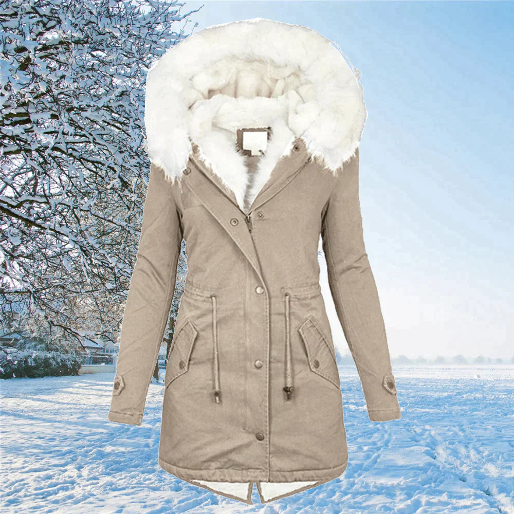 Women's winter mid-length hooded coat with fur collar