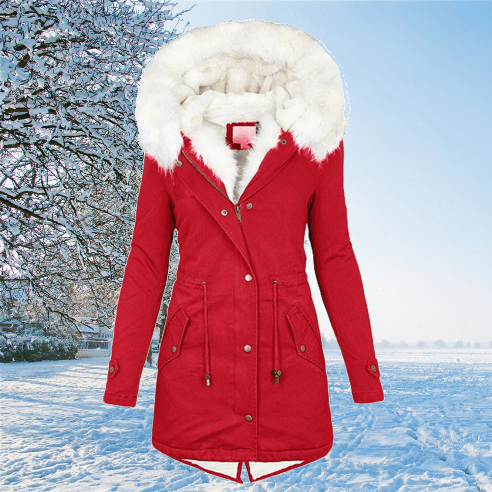 Women's hooded coat with removable fur collar