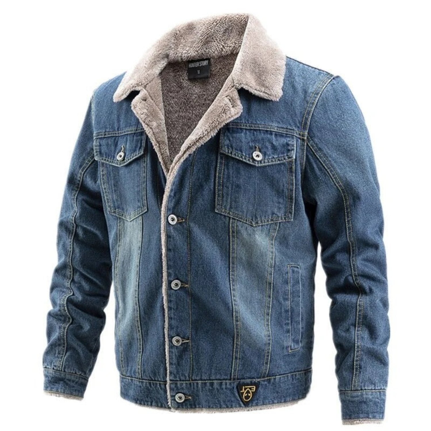 Trendy men’s denim jacket with thick lapel and pockets