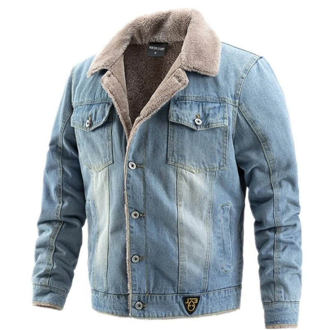 Trendy men’s denim jacket with thick lapel and pockets