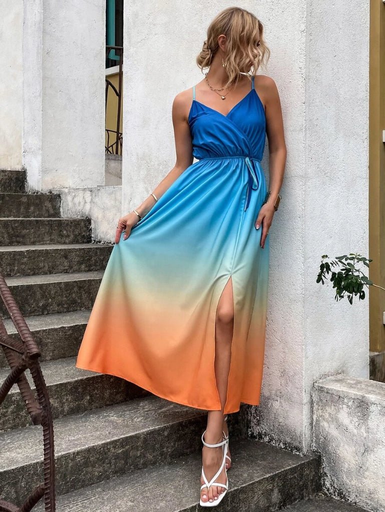 Women's Maxi Dress - Satin Finish - Spaghetti Strap - V-Neck - High Slit Elegant Gown