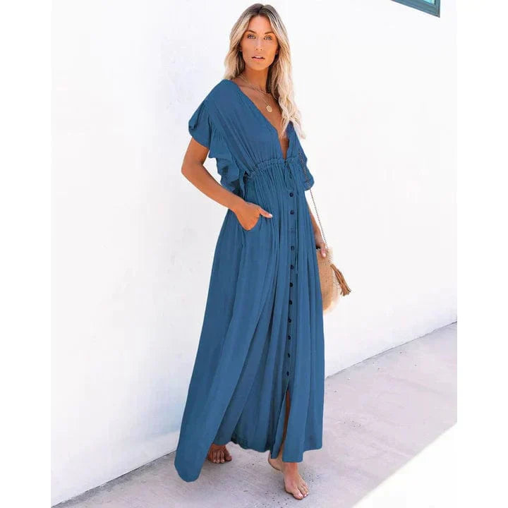 Women's Maxi Dress - Deep V-Neck - Short Flutter Sleeves - Cinched Waist - Button Front