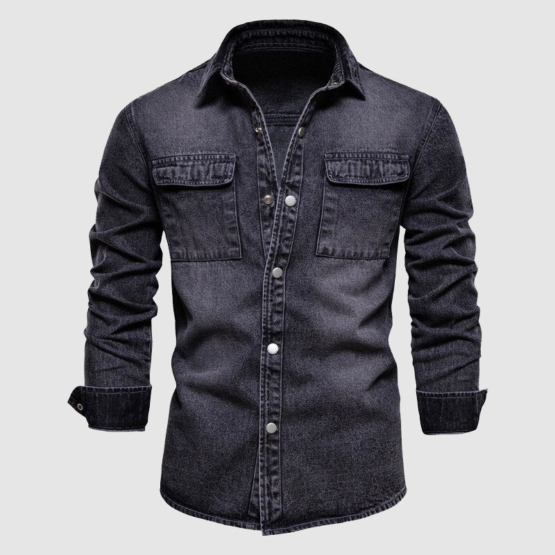 Men's button-down denim shirt with patch pockets