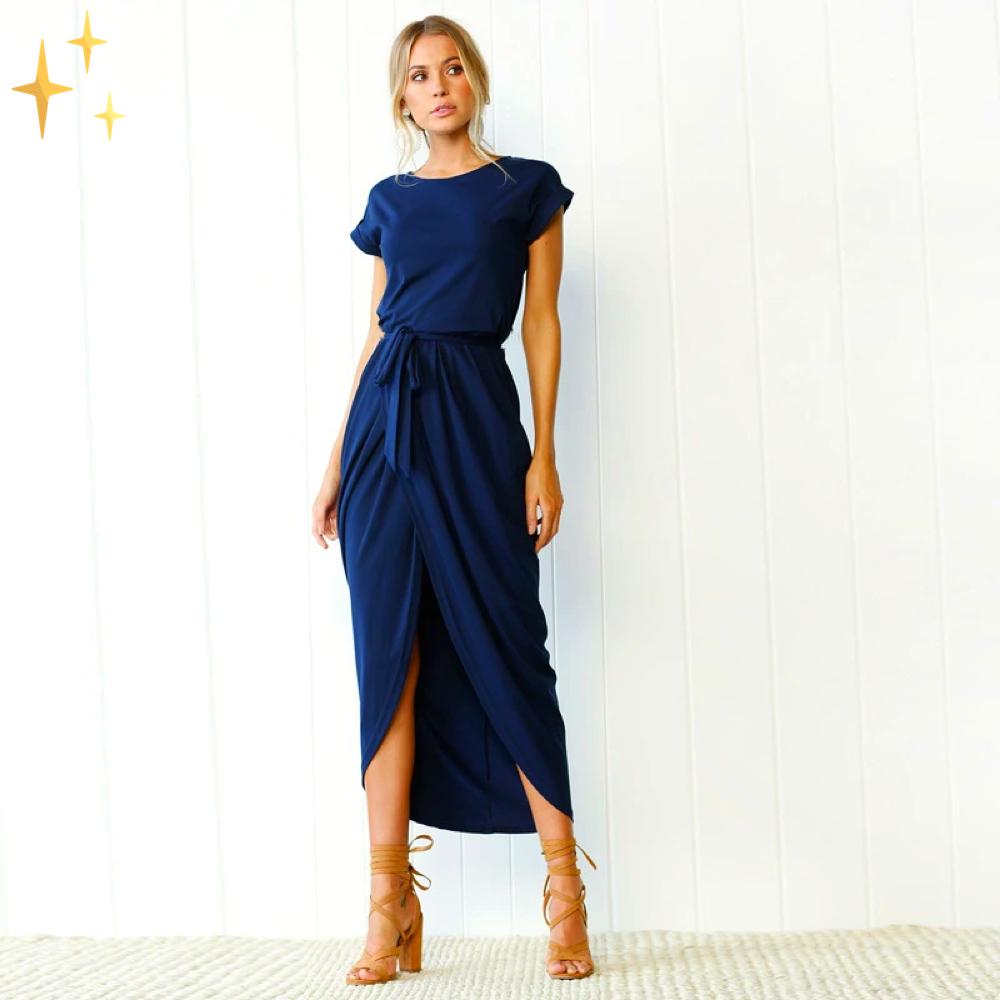 Women's Maxi Dress - Short Sleeve - Tie Waist - Front Slit Flowy Design