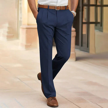 Casual Business Trousers - Slim Fit Stretch Navy Blue Elegant Office Wear