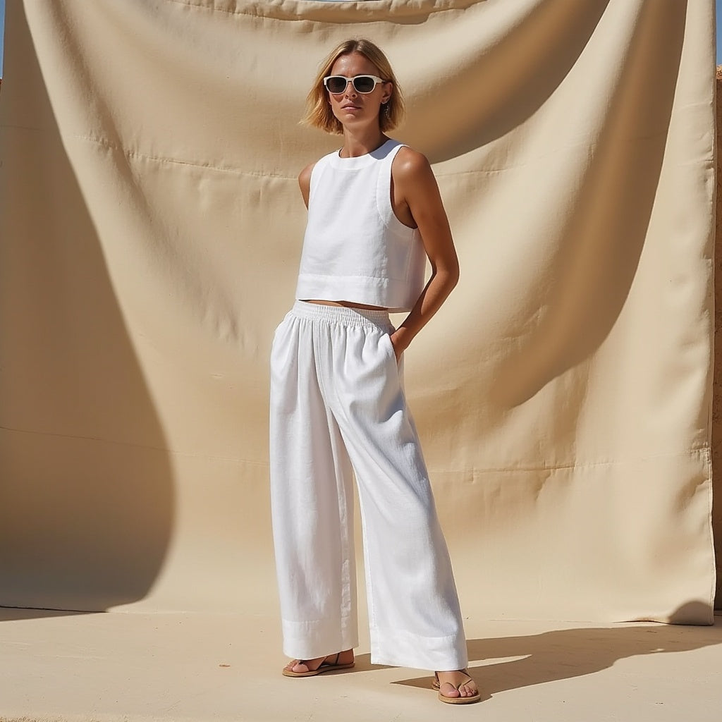 Women’s Two-Piece Set – Sleeveless Top and Wide-Leg Pants – Relaxed Fit – Natural Fibers