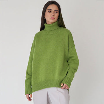Women’s Knit Sweater – Oversized Fit – Ribbed Turtleneck – Drop Shoulder – Long Sleeve