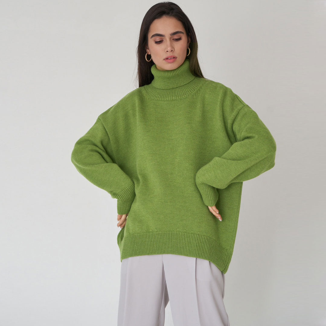 Women’s Knit Sweater – Oversized Fit – Ribbed Turtleneck – Drop Shoulder – Long Sleeve